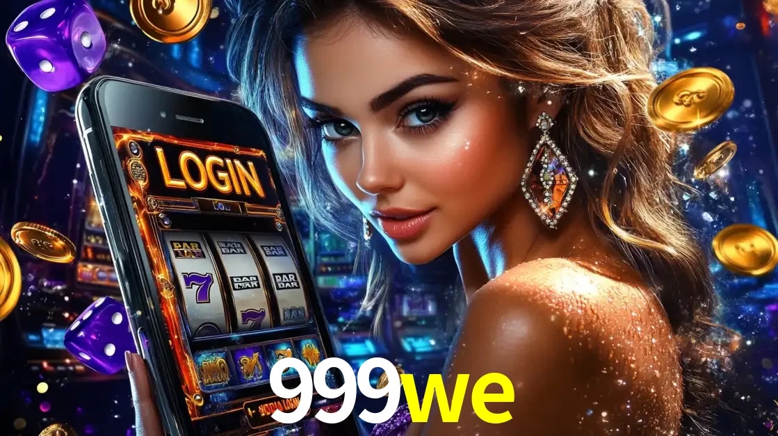 Mulher glamorosa segurando um smartphone com a tela de login para os jogos de caça-níqueis do cassino online 999we, com moedas de ouro e dados ao redor.