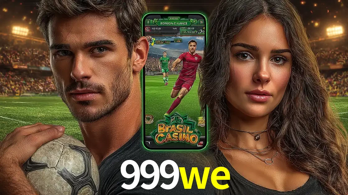 Homem segurando uma bola de futebol e uma mulher ao lado de um smartphone exibindo o jogo de apostas esportivas da 999we. Faça seu palpite no cassino online.